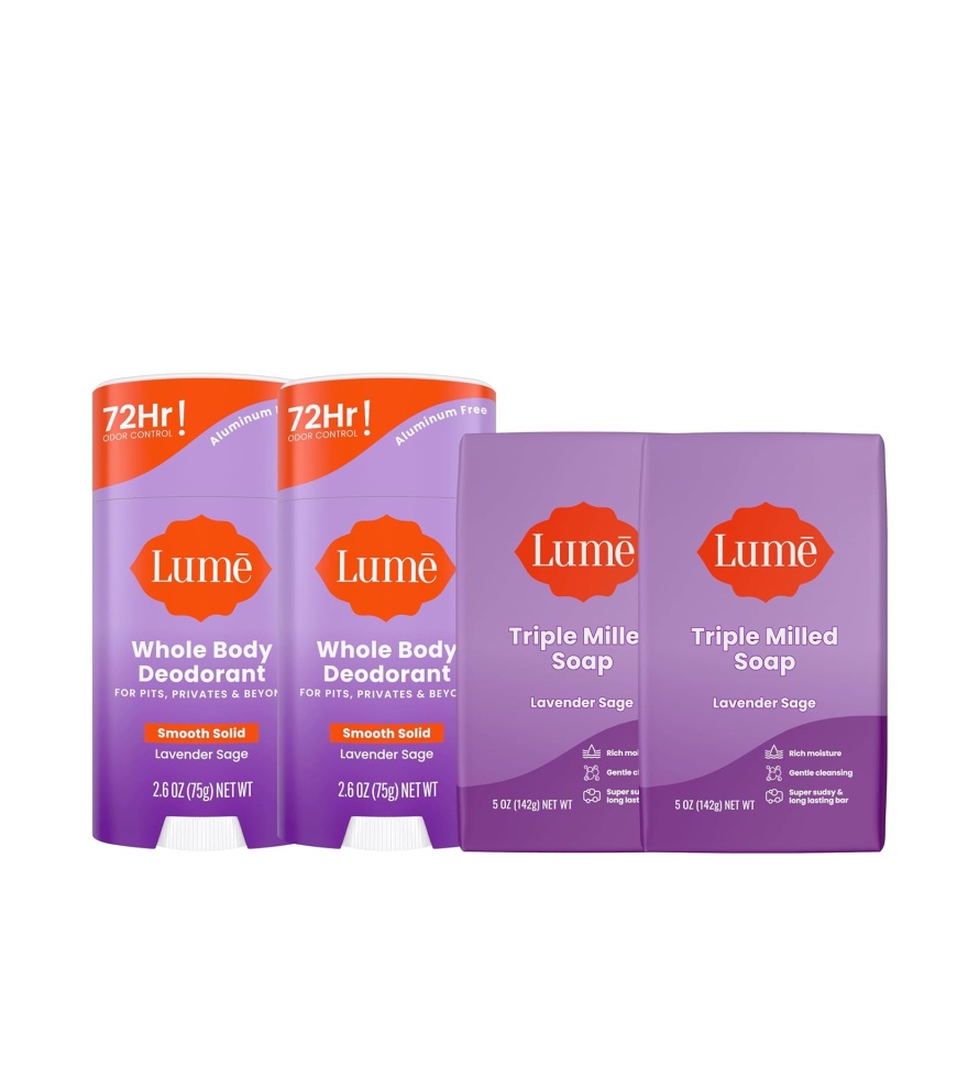Lume Whole Body Deodorant And Soap – 2.6 Ounce Smooth Solid Stick With 72 Hour Odor Control (Pack of 2) and 5 Ounce Triple Milled Soap (Pack of 2) – Aluminum and Baking Soda Free (Lavender Sage)
