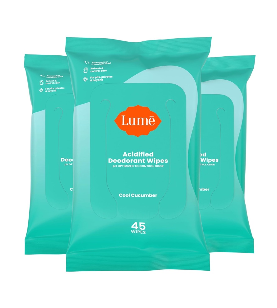 Lume Acidified Deodorant Wipes – 24 Hour Odor Control – Aluminum Free, Baking Soda Free, Skin Safe – 15 Count (Pack of 3) (Cool Cucumber)
