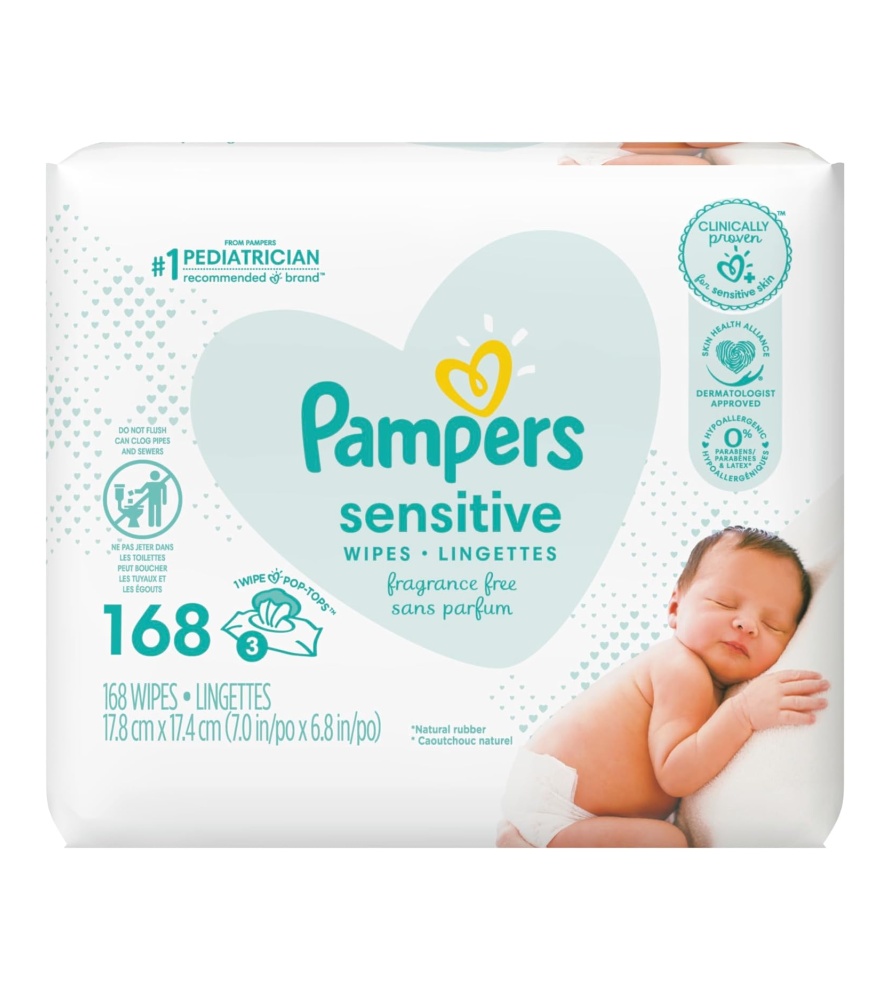 Pampers Sensitive Baby Wipes – 504 Count, Water Based, Hypoallergenic and Unscented (Packaging May Vary)