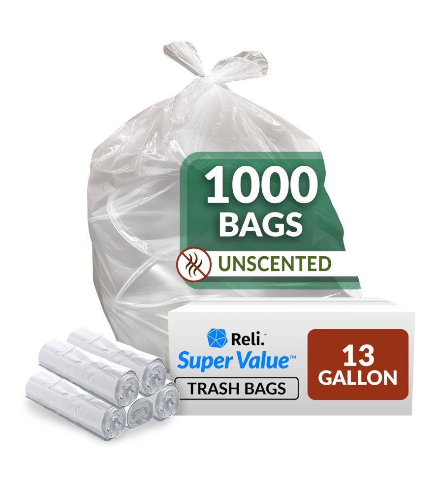 Reli. SuperValue 13 Gallon Trash Bags | 1000 Count Bulk | Tall Kitchen | Can Liners | Clear Multi-Use Garbage Bags