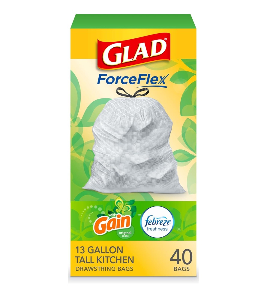 Glad Trash Bags, ForceFlex Protection Series Tall Garbage Bags, 13 Gal, Gain Original with Febreze, 110 Ct (Package May Vary)