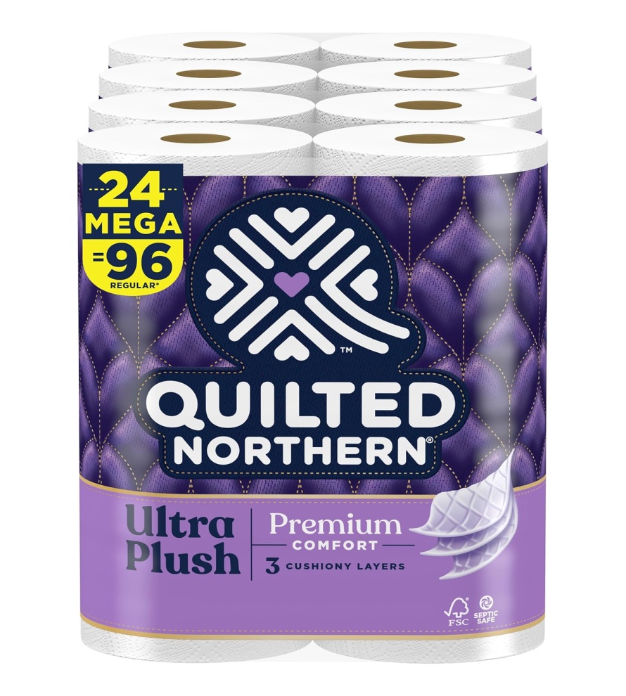 Quilted Northern Ultra Plush Toilet Paper, 24 Mega Rolls = 96 Regular Rolls, 3X More Absorbent*, Luxuriously Soft Toilet Tissue, Septic-Safe