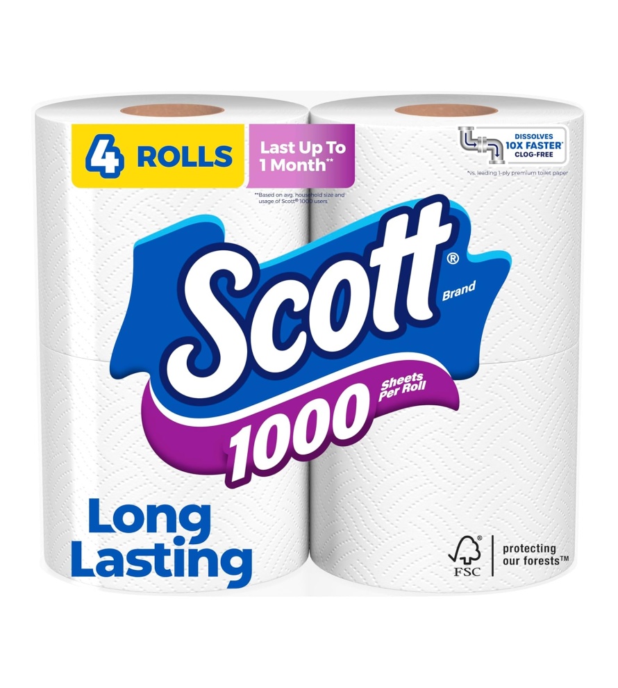 Scott 1000 Sheets Per Roll Toilet Paper, 4 Rolls, Bath Tissue