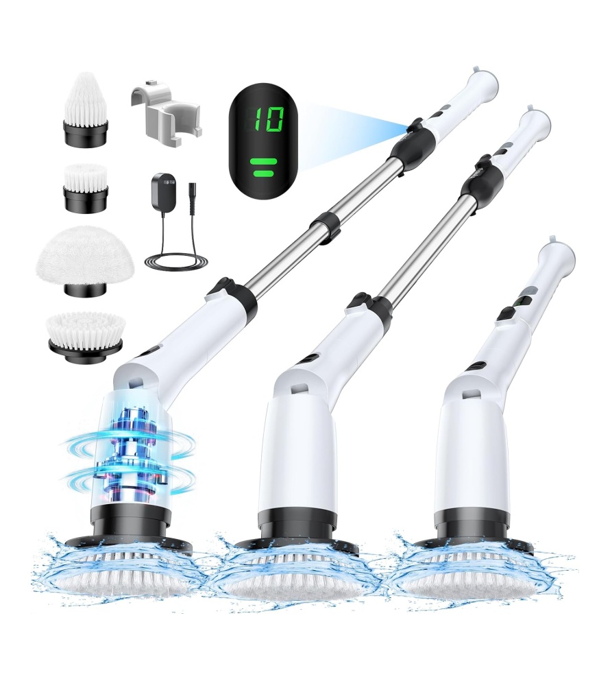 Electric Spin Scrubber, Dual Speeds Shower Cleaning Brush with 6 Replaceable Brush Heads and Display, Bathroom Scrubber Electric with Adjustable & Detachable Handle for Bathroom Shower Bathtub