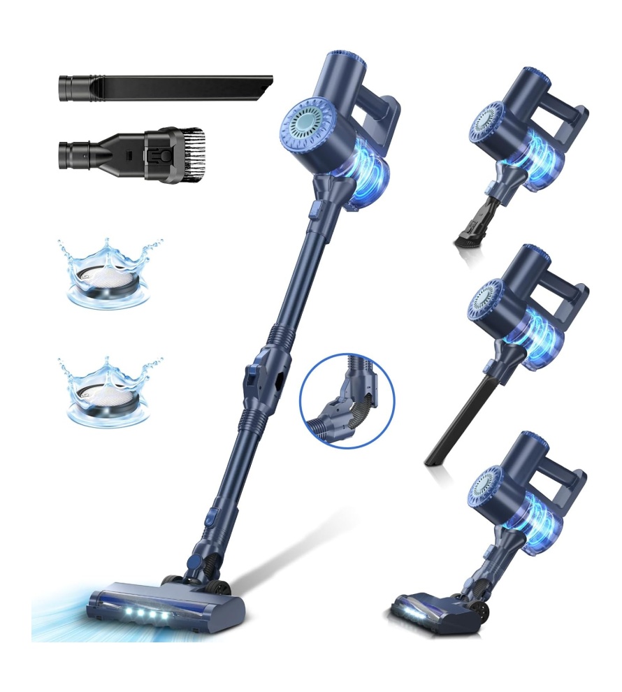 Cordless Vacuum Cleaner, 6 in 1 Lightweight Stick Vacuum Self-Standing with Powerful Suction, 180° Bendable Wand Rechargeable Cordless Vacuum for Hardwood Floor (Blue)